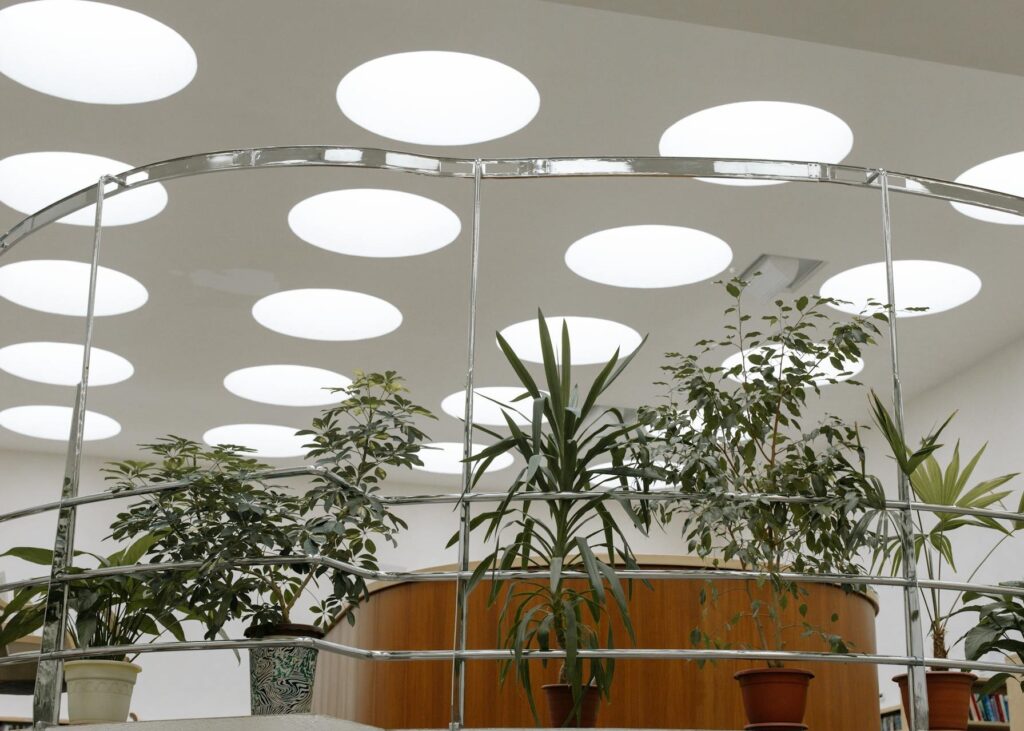 Wnętrze nowoczesnego budynku z białym dachem, oświetleniem LED i roślinami na froncie.